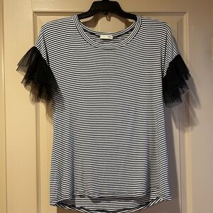 Twenty Second Black and White Striped Top with Tulle Sleeves, Size Large